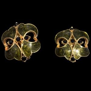 Vintage Gold & Black Enamel Earrings With Rhinestones